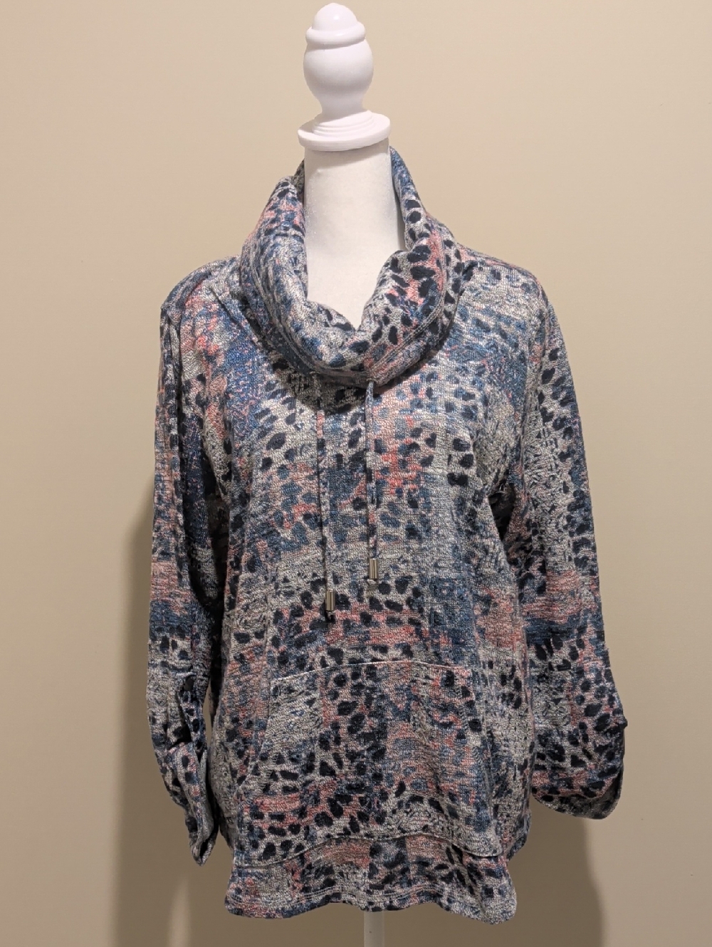 Ruby Rd. Blue and Pink Animal-Print Cowl Neck Sweater With Drawstring